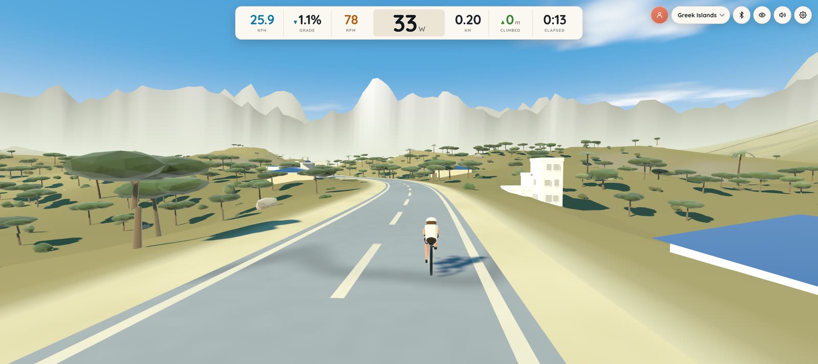 The ride HUD showing power, speed, cadence, gradient, distance, climbed and elapsed time